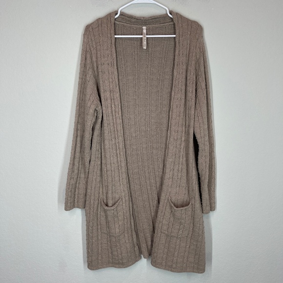 Leo & Nicole Knit Open Cardigan Women's XL Tan Long Line Angora Blend Pockets - Picture 1 of 9